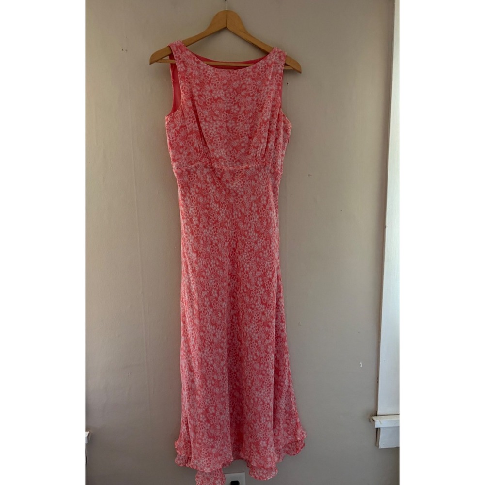 Y2K Ditsy Floral Silk Midi Dress Size 6 Pink Fairy Feminine Babydoll Ruffle Slip